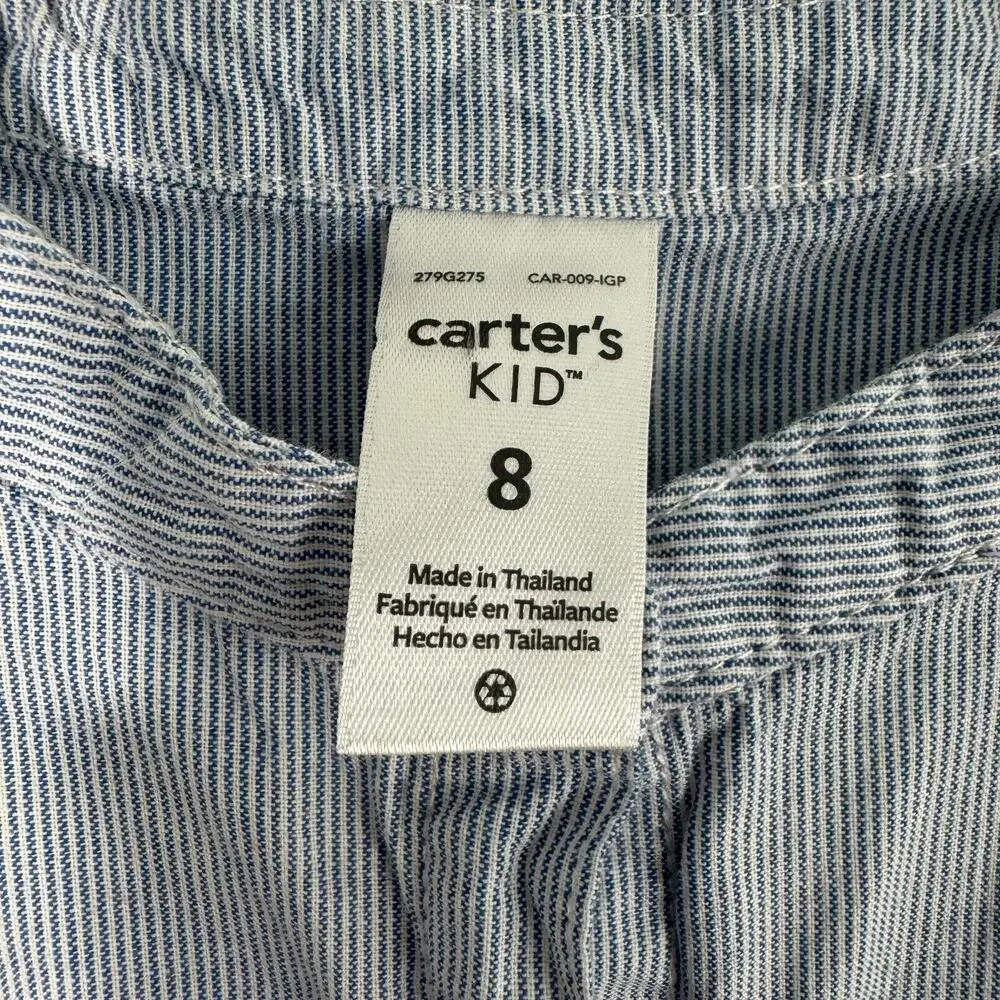 Carter’s Kid Girl’s Size 8 Blue White Striped 100% Cotton Roll Tab Peplum Shirt